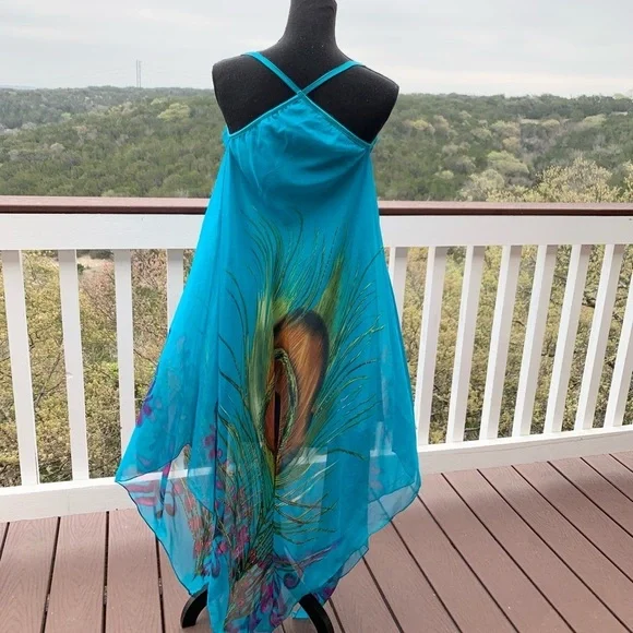 Indian Tropical Bohemian‎ Blue Dress Peacock Print - Picture 3 of 16